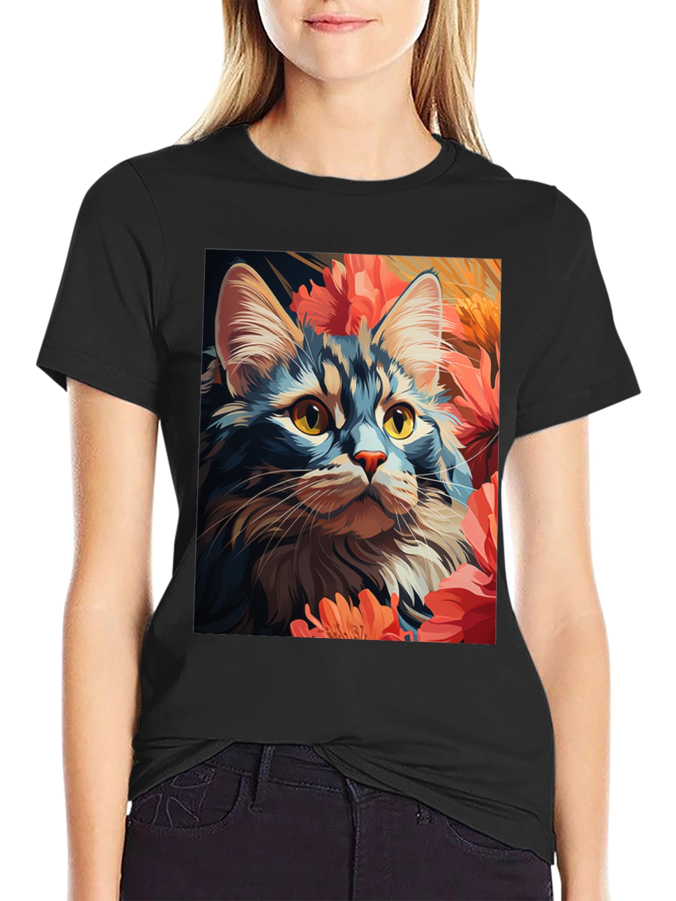 Cat & Flowers Graphic Tee - Unisex Black T-Shirt