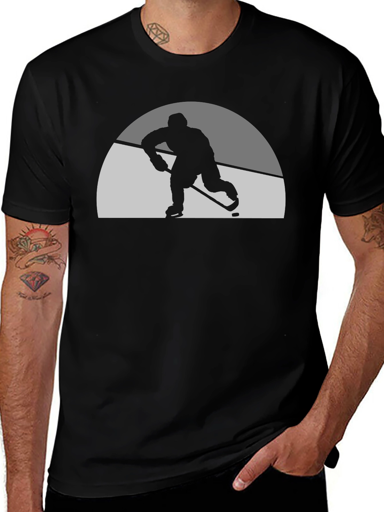Hockey Player Silhouette Graphic Tee - Black