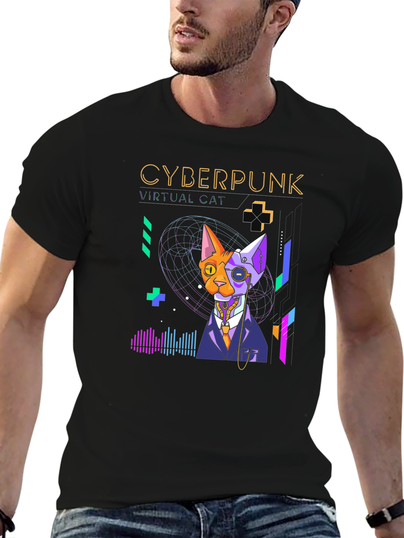 Cyberpunk Virtual Cat T-Shirt - Cool Futuristic Design