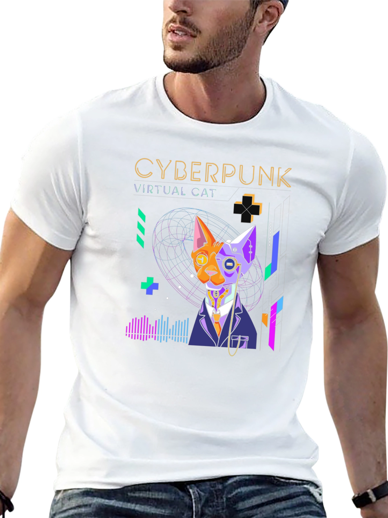 Cyberpunk Virtual Cat T-Shirt - Cool Futuristic Design