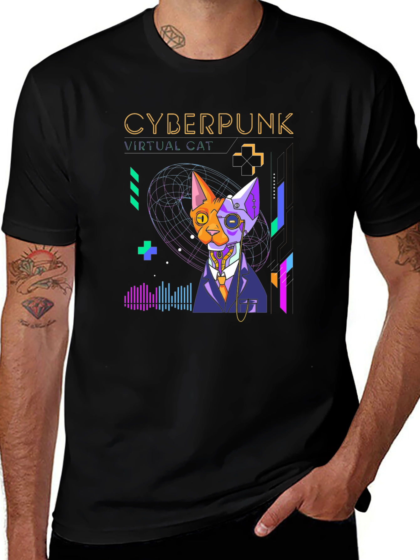 Cyberpunk Virtual Cat T-Shirt - Cool Futuristic Design