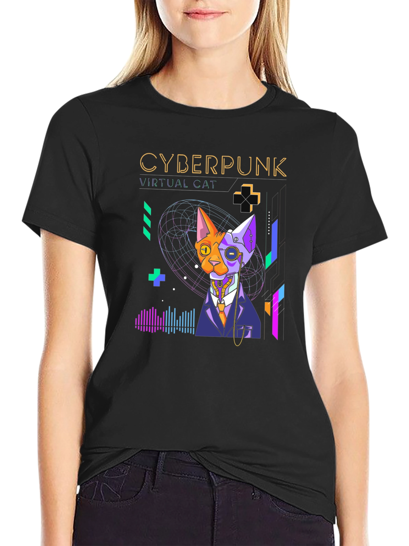 Cyberpunk Virtual Cat T-Shirt - Cool Futuristic Design