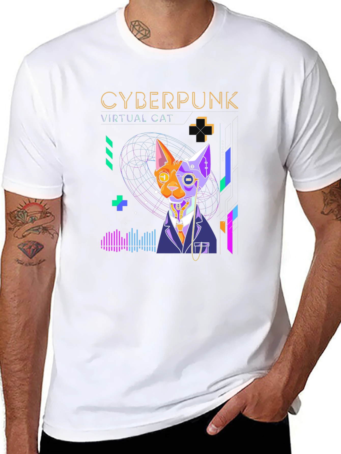 Cyberpunk Virtual Cat T-Shirt - Cool Futuristic Design