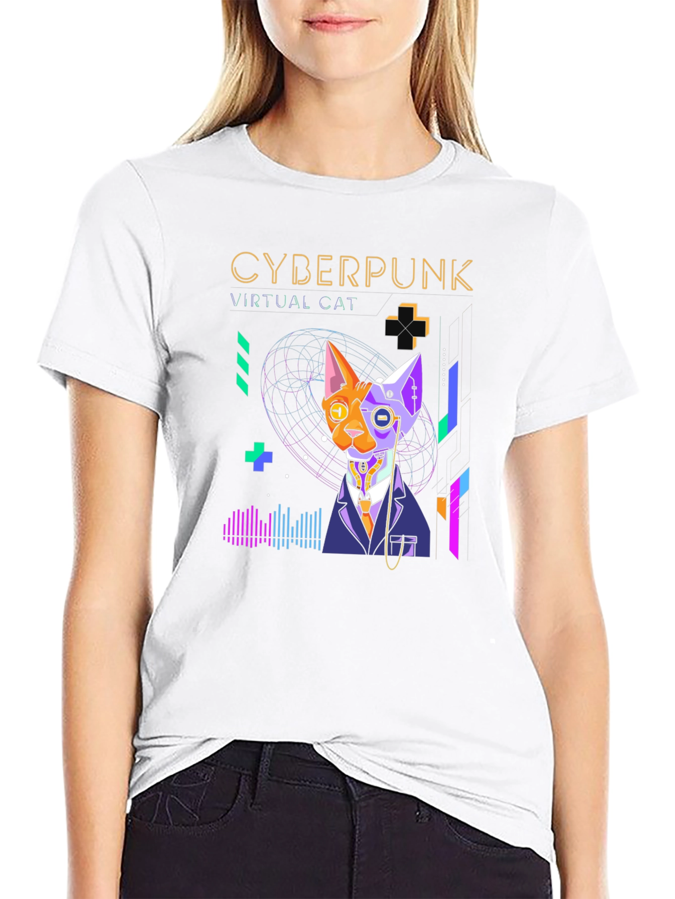 Cyberpunk Virtual Cat T-Shirt - Cool Futuristic Design