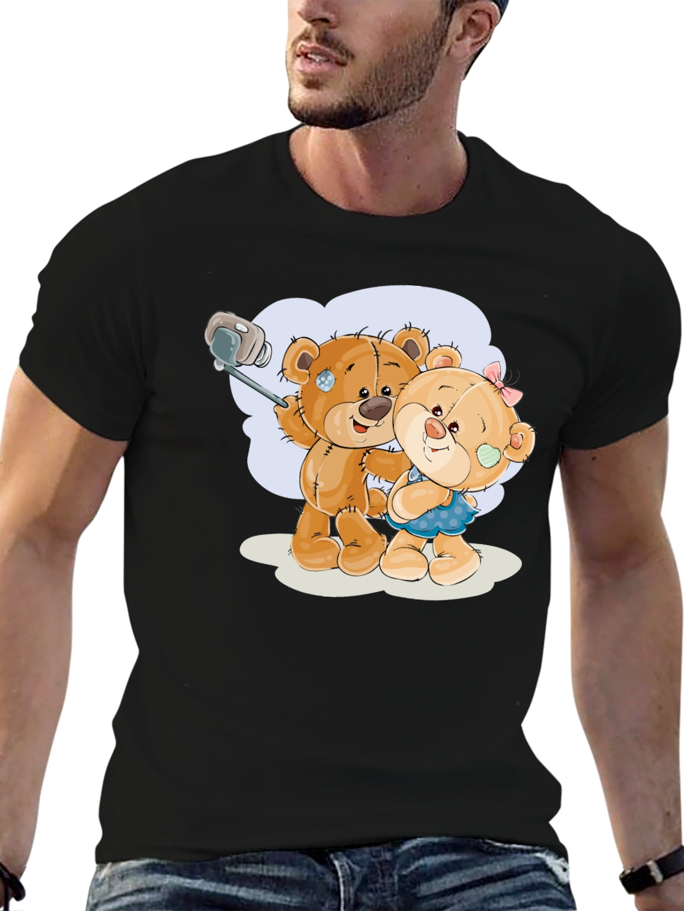Cute Teddy Bear Selfie Black T-Shirt
