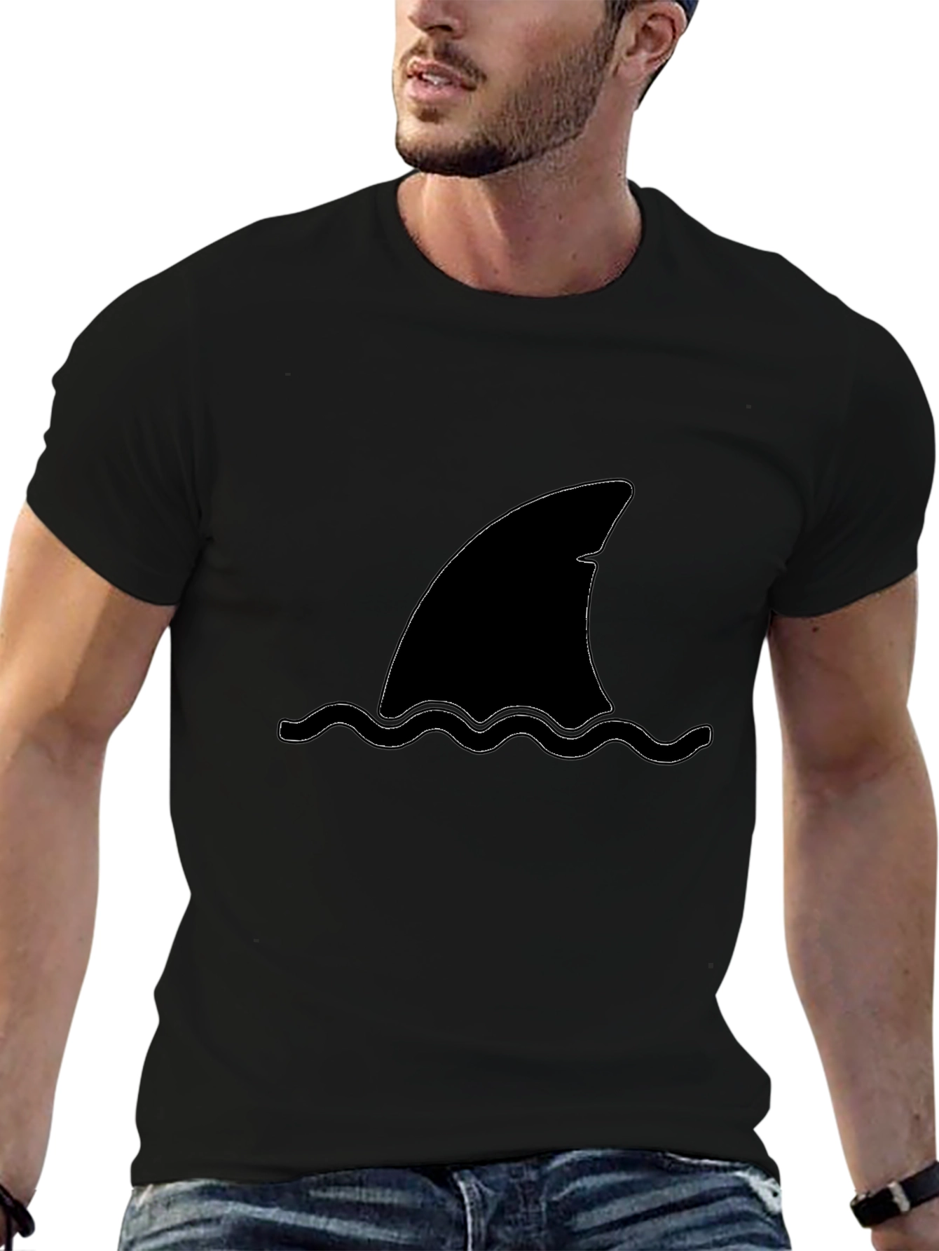 Shark Fin Graphic Tee - Black Cotton T-Shirt
