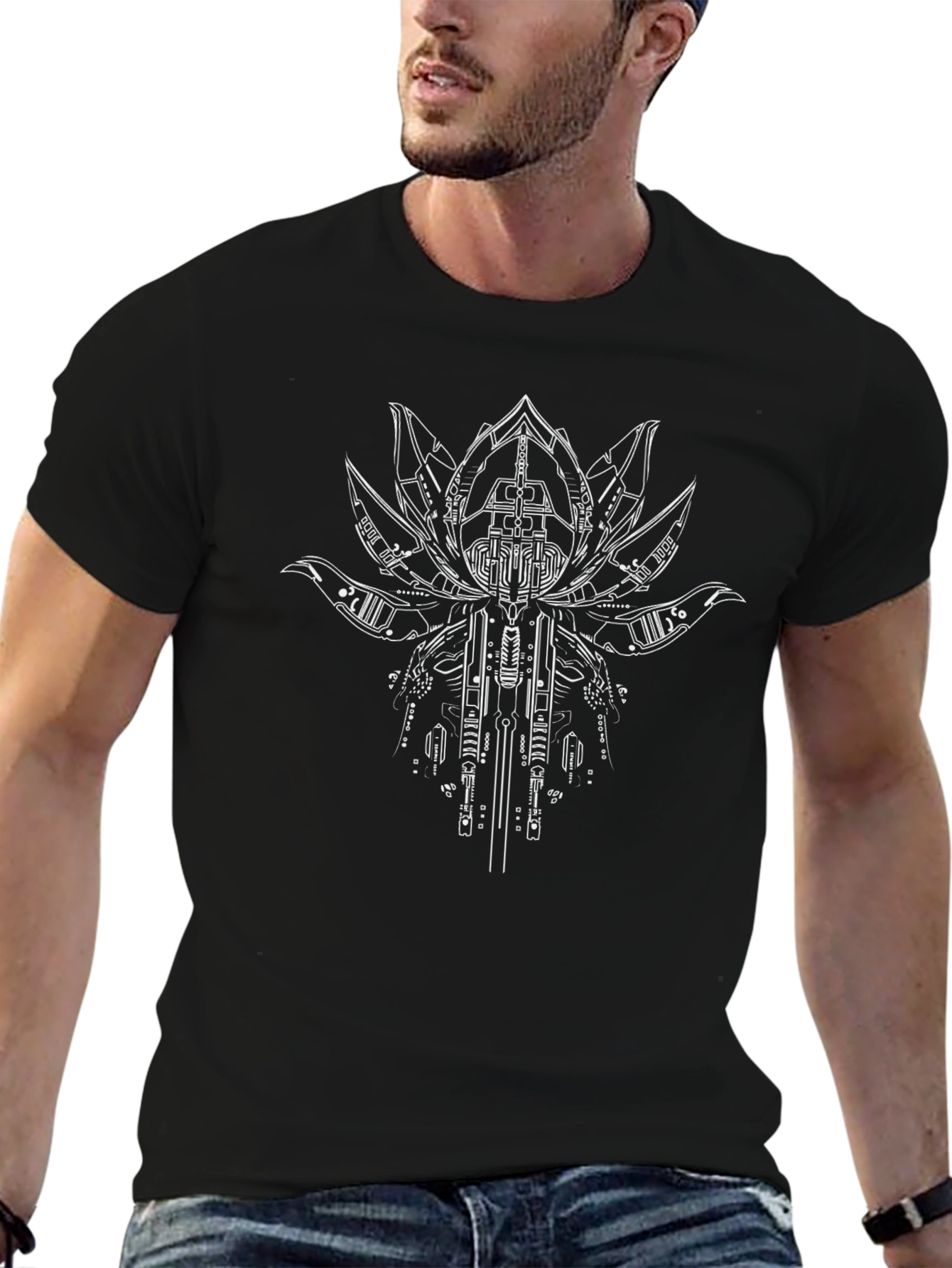 Cyber Lotus Graphic Tee - Black Cotton Comfort