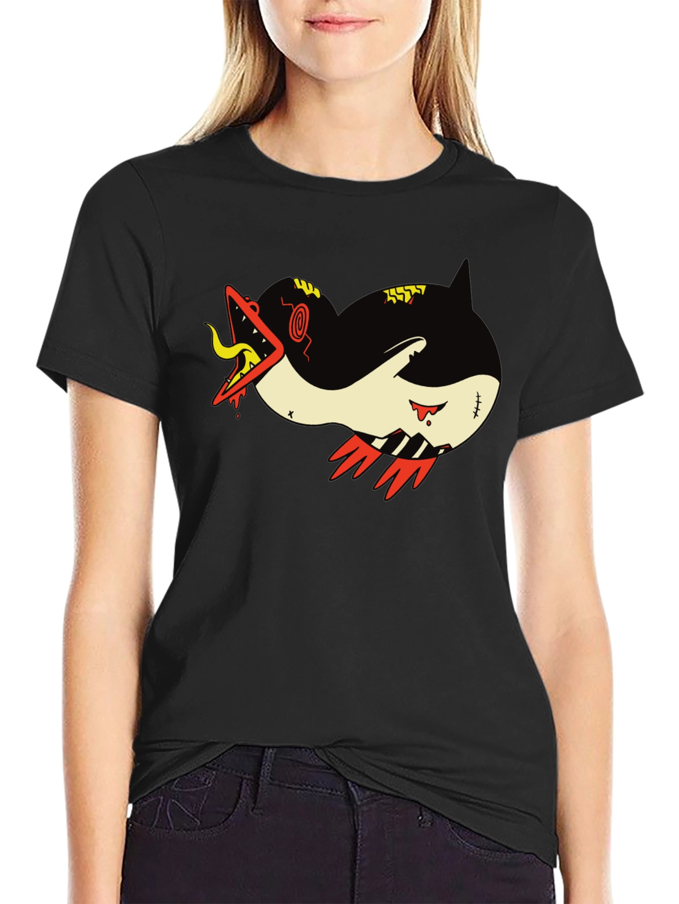 Graphic Print Tee - Cartoon Monster Shark