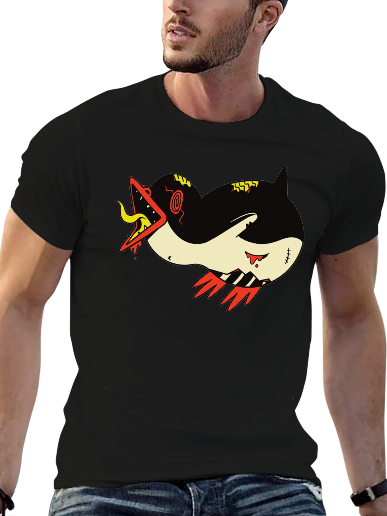 Graphic Print Tee - Cartoon Monster Shark