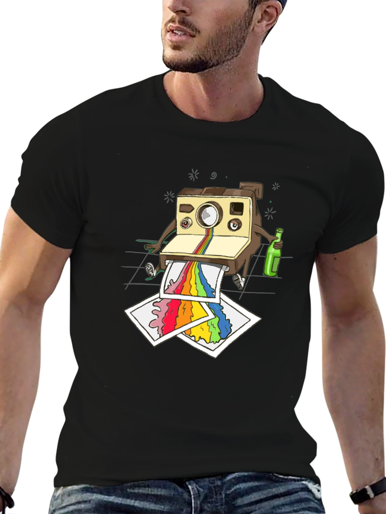 Retro Camera Rainbow T-Shirt - Artsy Mens Black Tee