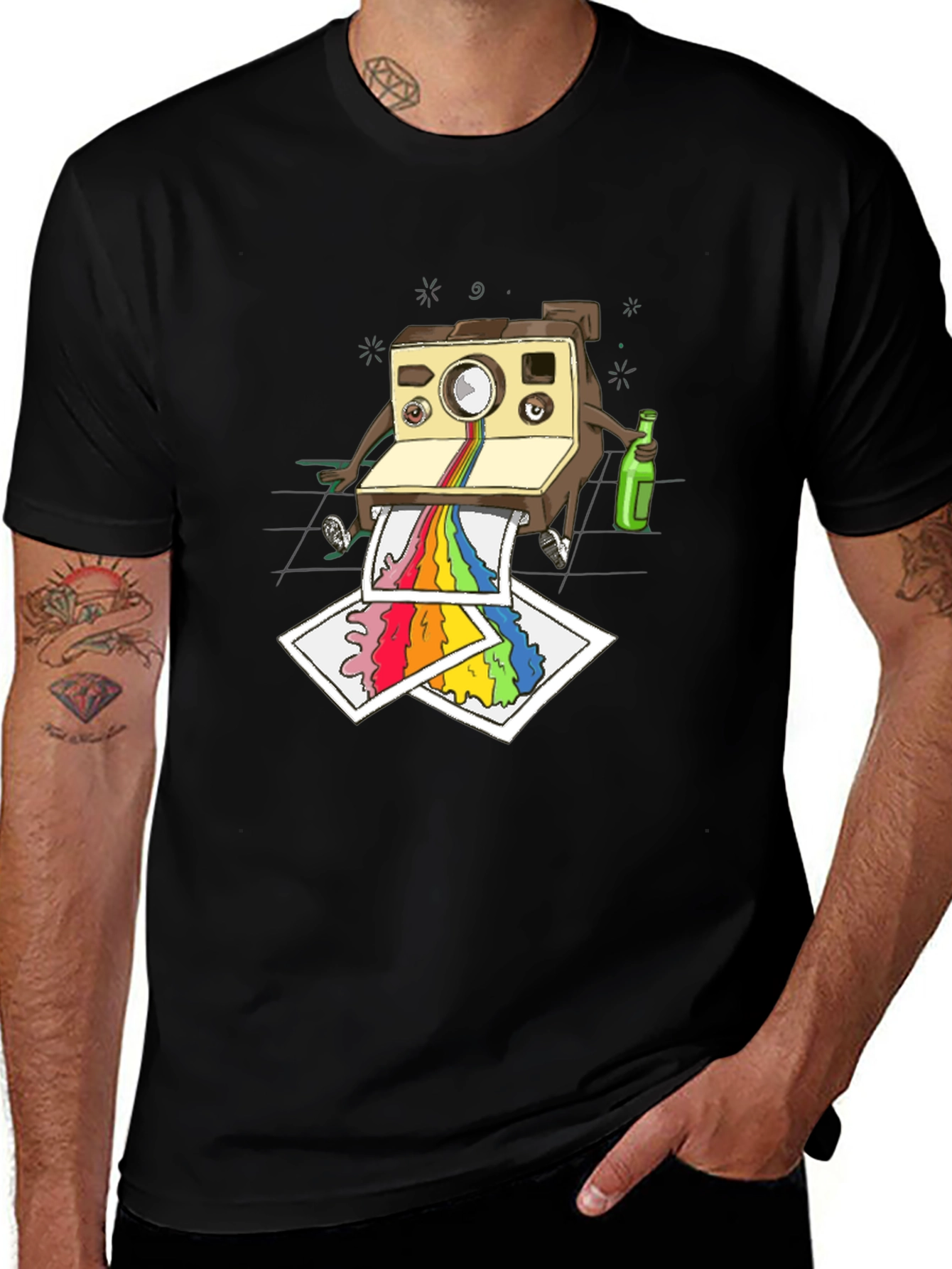 Retro Camera Rainbow T-Shirt - Artsy Mens Black Tee