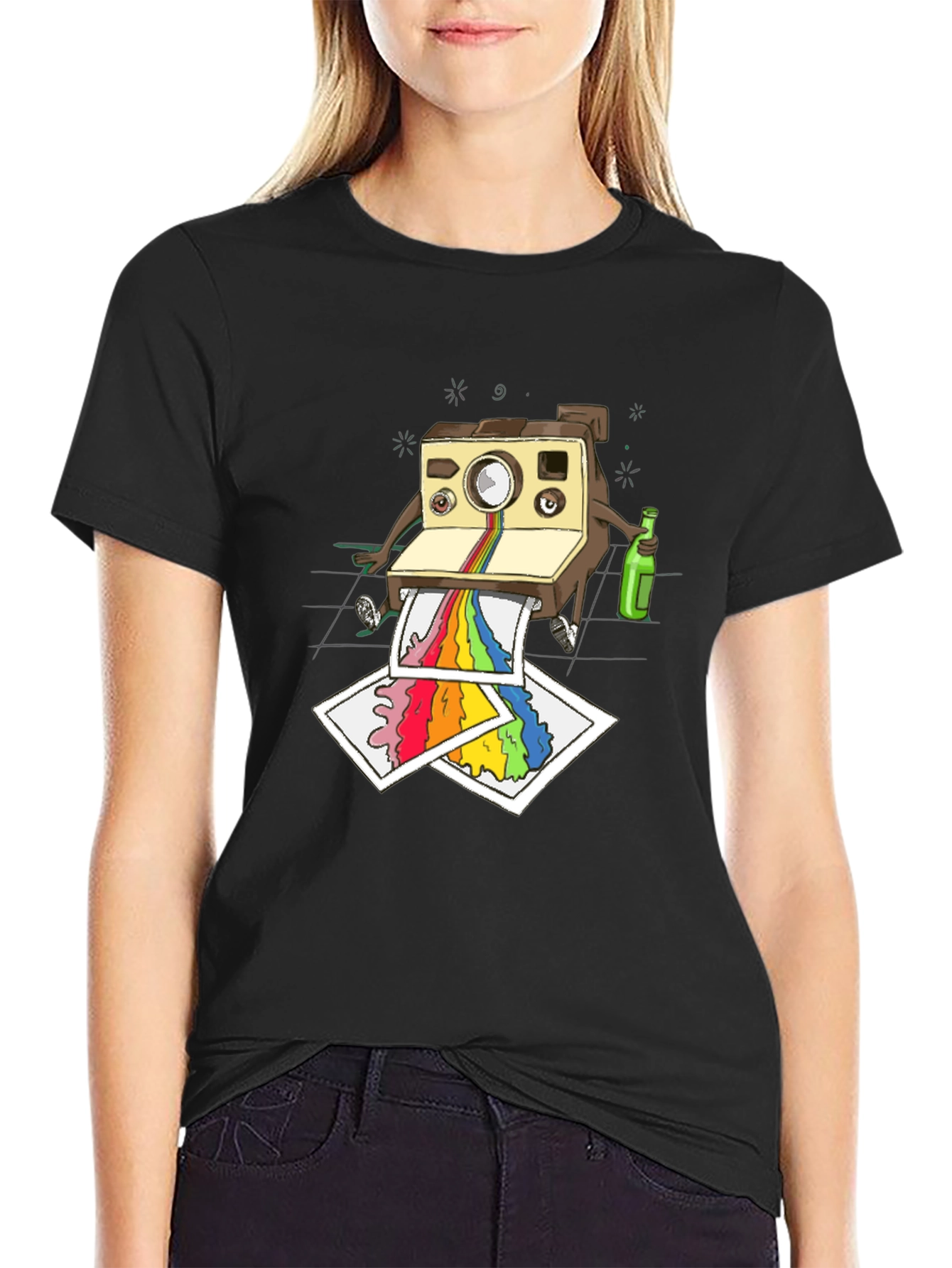 Retro Camera Rainbow T-Shirt - Artsy Mens Black Tee