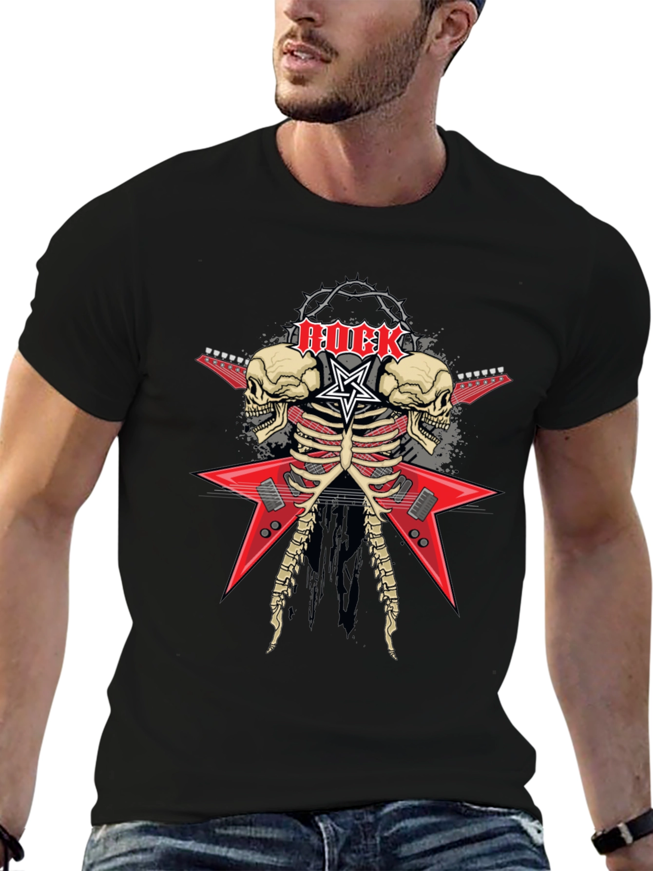 Rock Skeleton Guitar Graphic T-Shirt