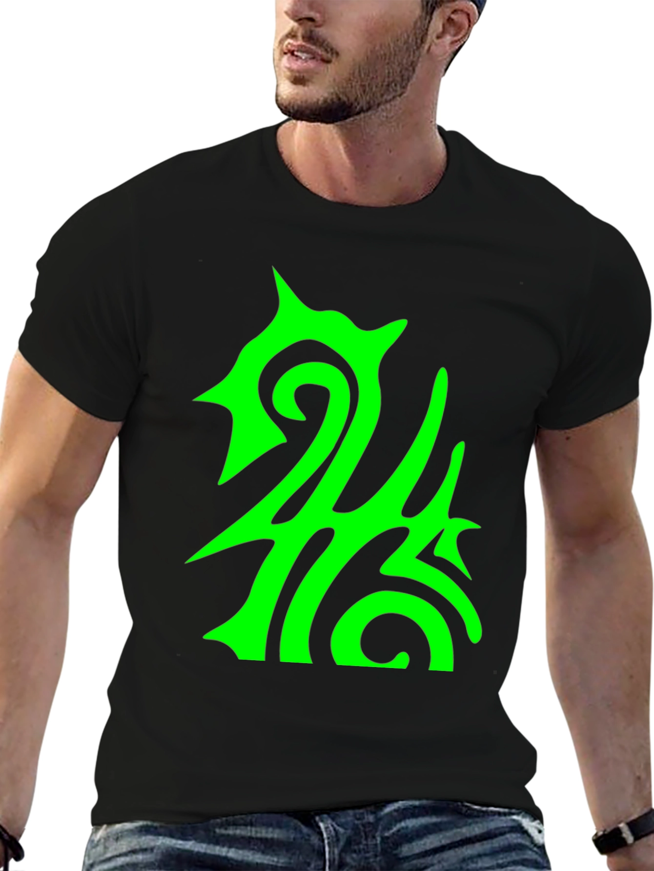 Abstract Green Graphic Print Black Tee