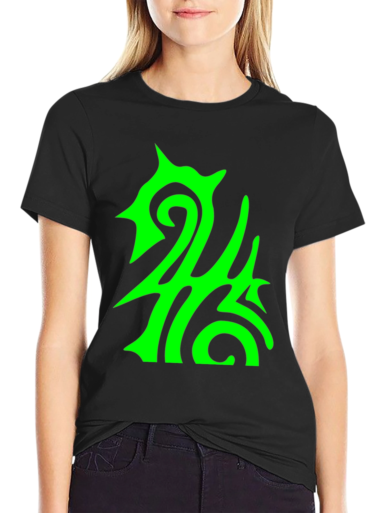 Abstract Green Graphic Print Black Tee