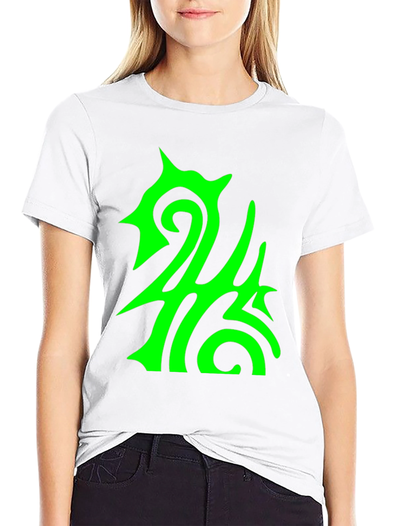 Abstract Green Graphic Print Black Tee