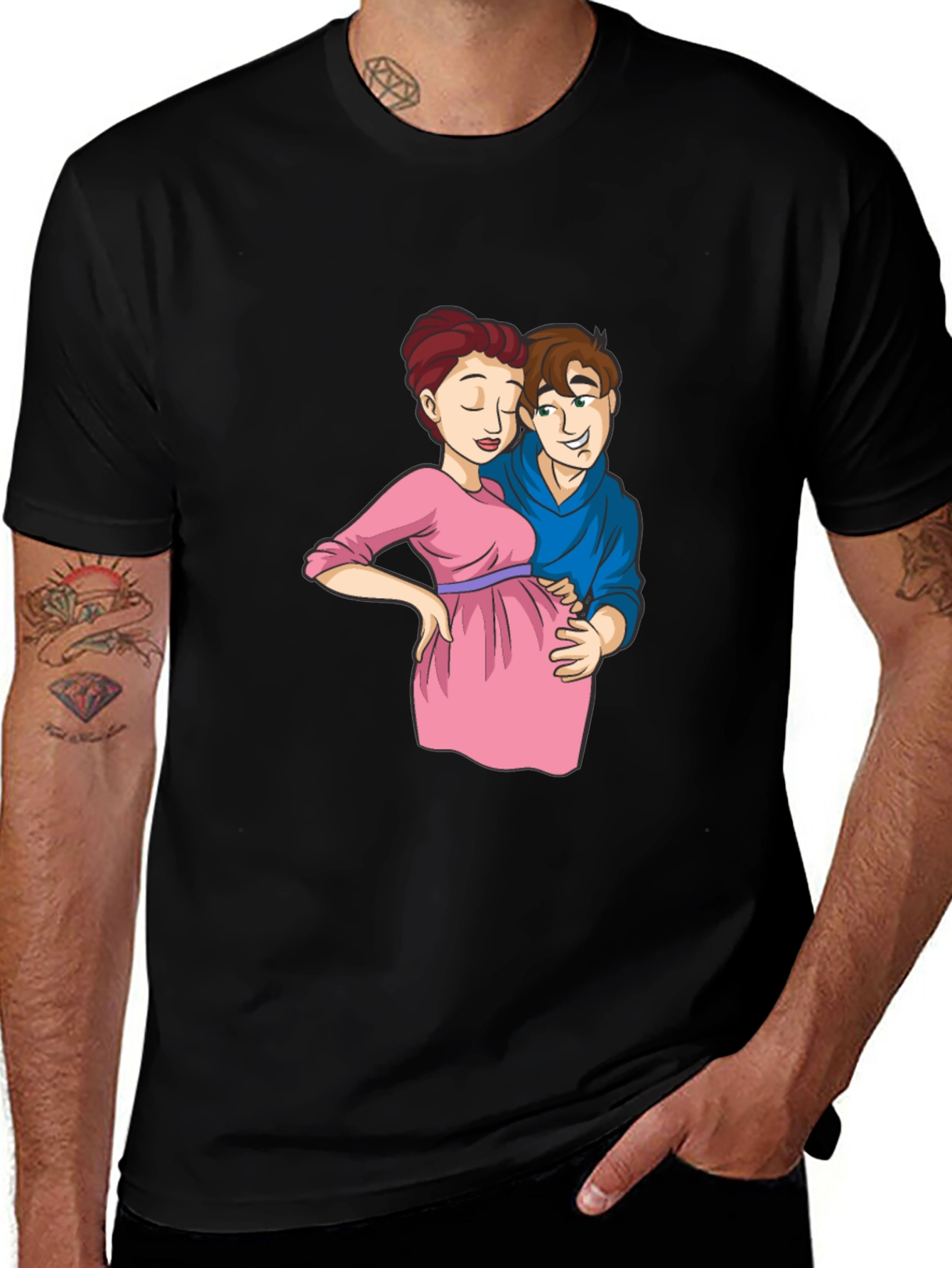 Cartoon Couple Pregnancy T-Shirt - Black