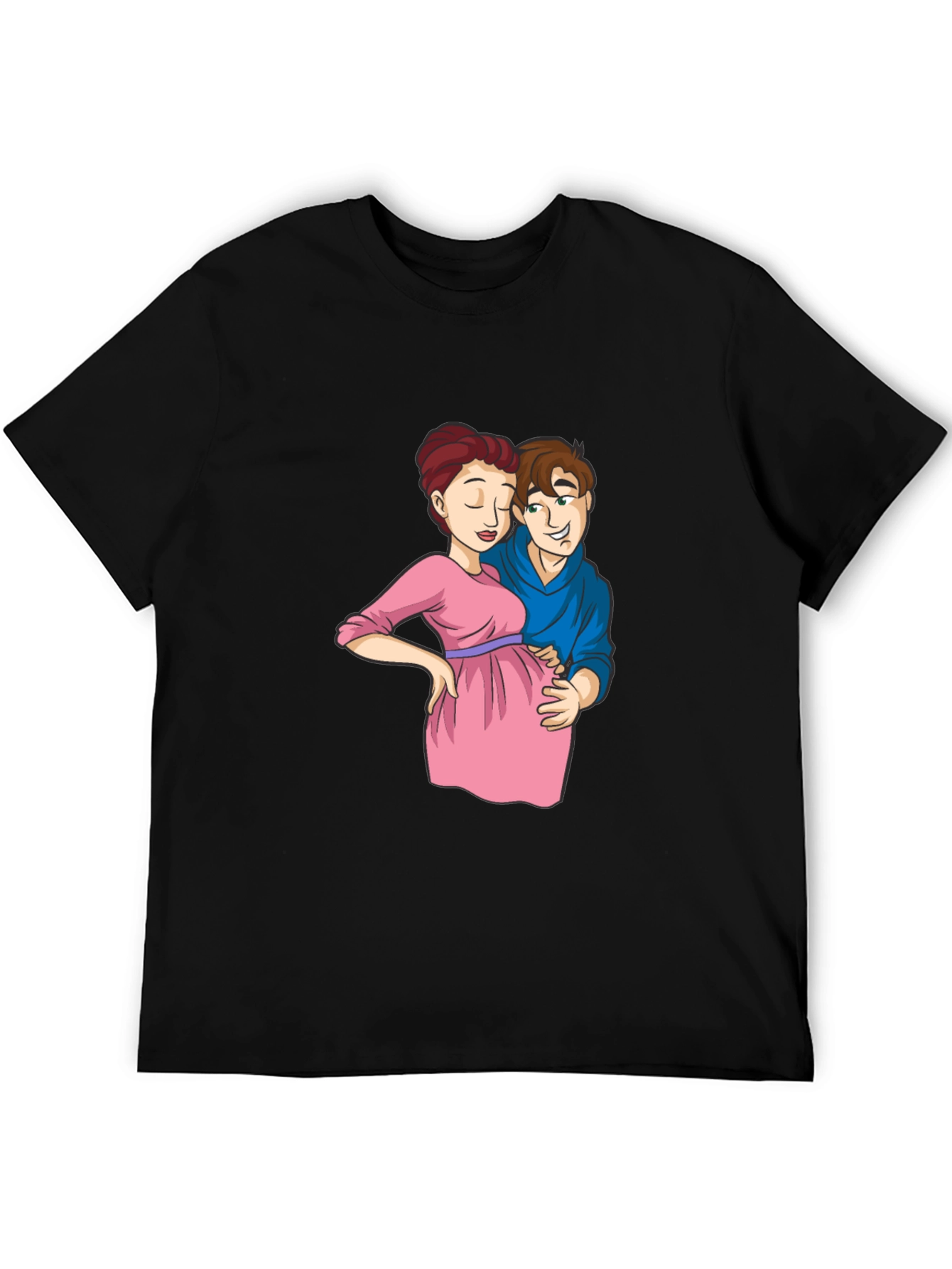 Cartoon Couple Pregnancy T-Shirt - Black