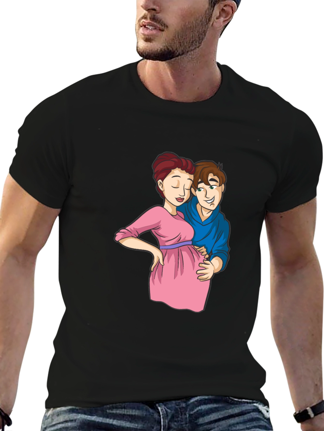 Cartoon Couple Pregnancy T-Shirt - Black