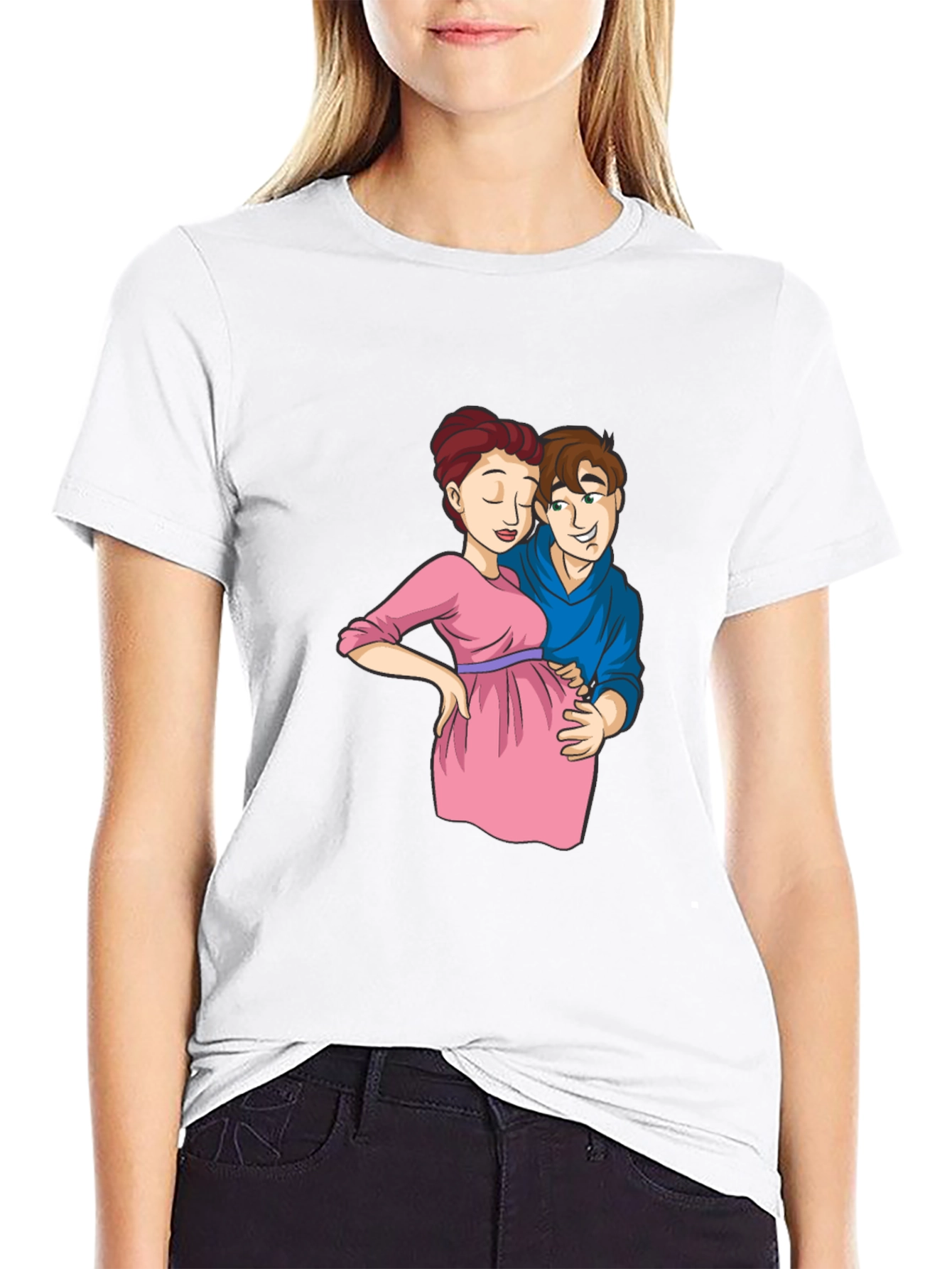 Cartoon Couple Pregnancy T-Shirt - Black