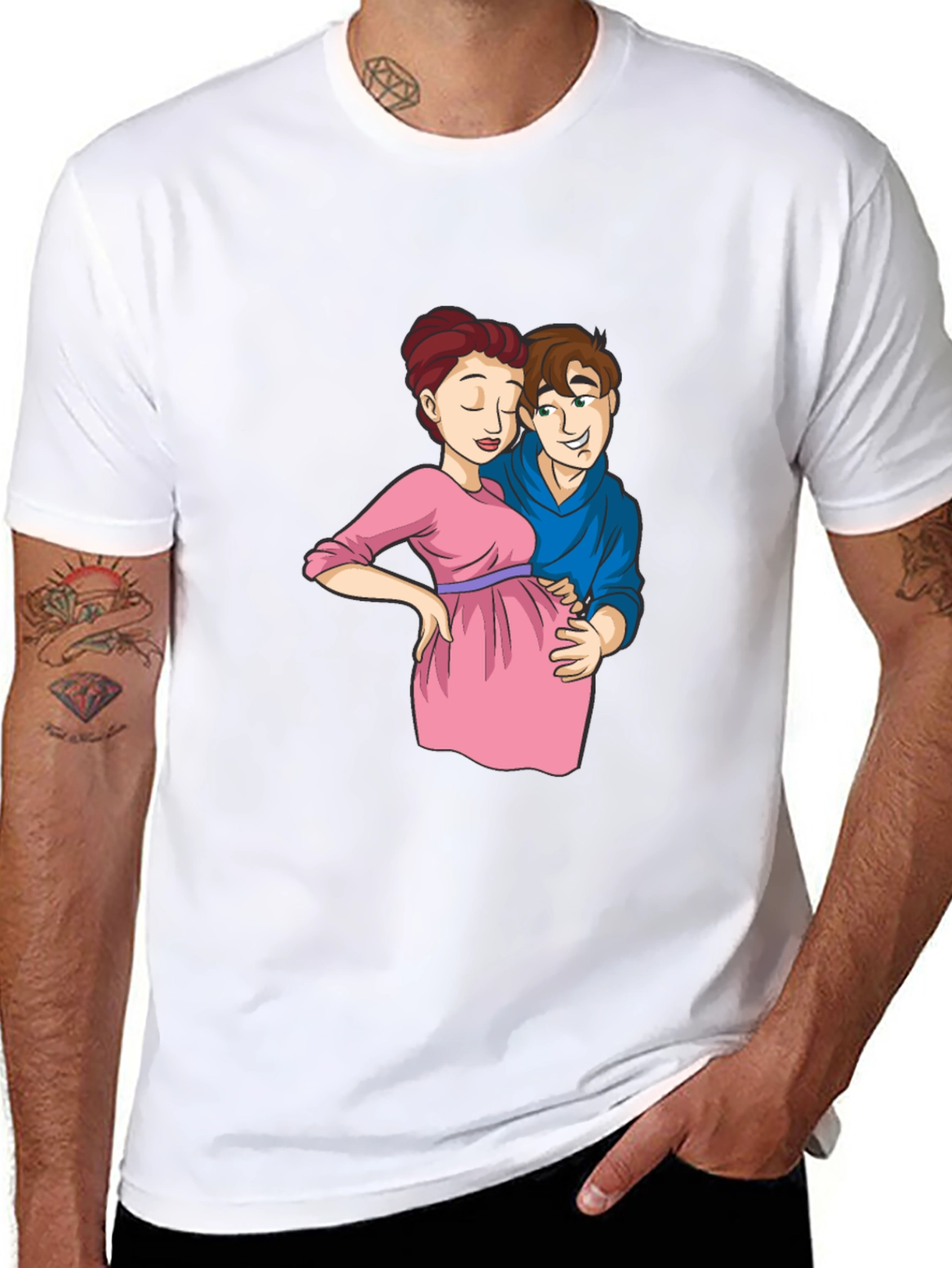 Cartoon Couple Pregnancy T-Shirt - Black