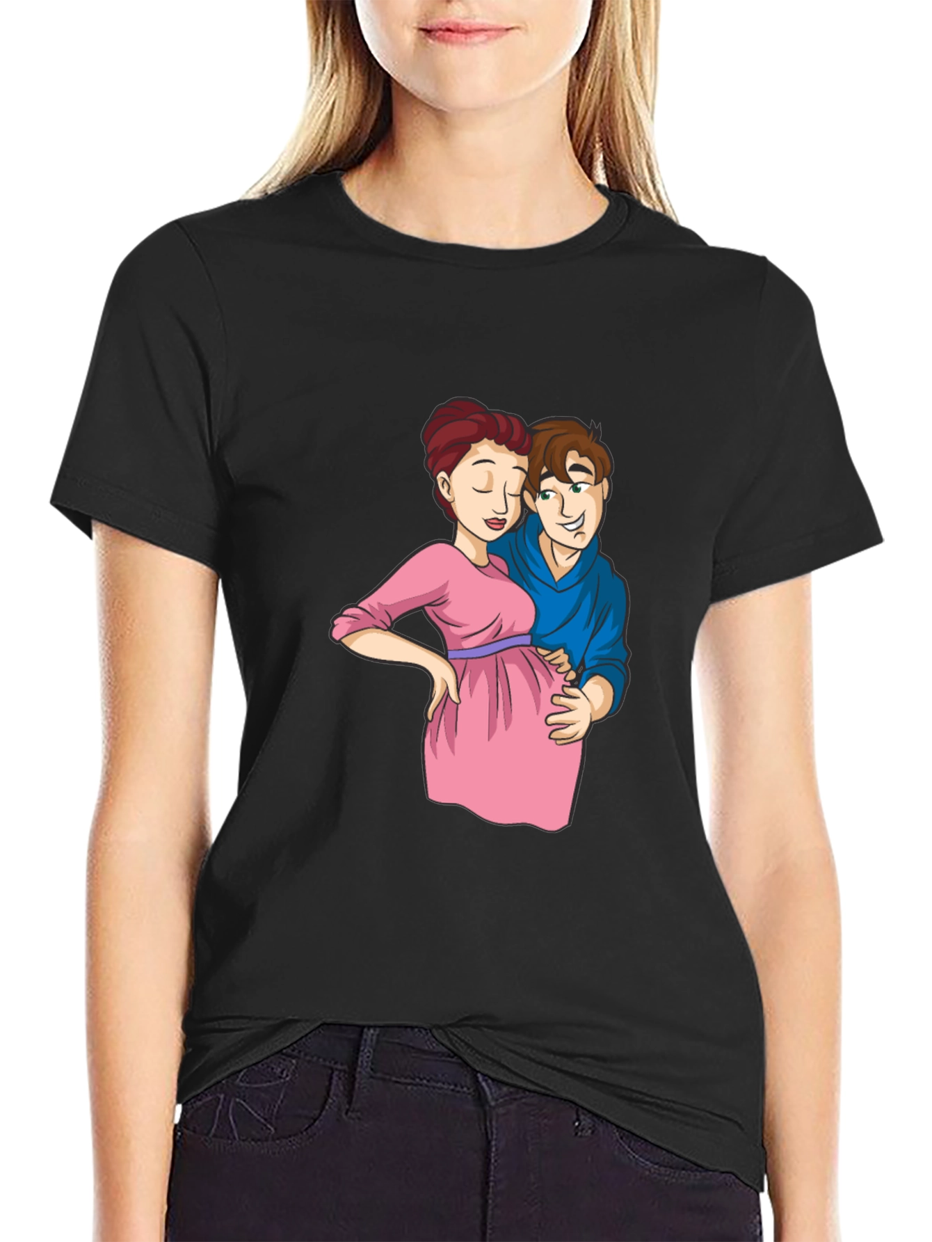 Cartoon Couple Pregnancy T-Shirt - Black