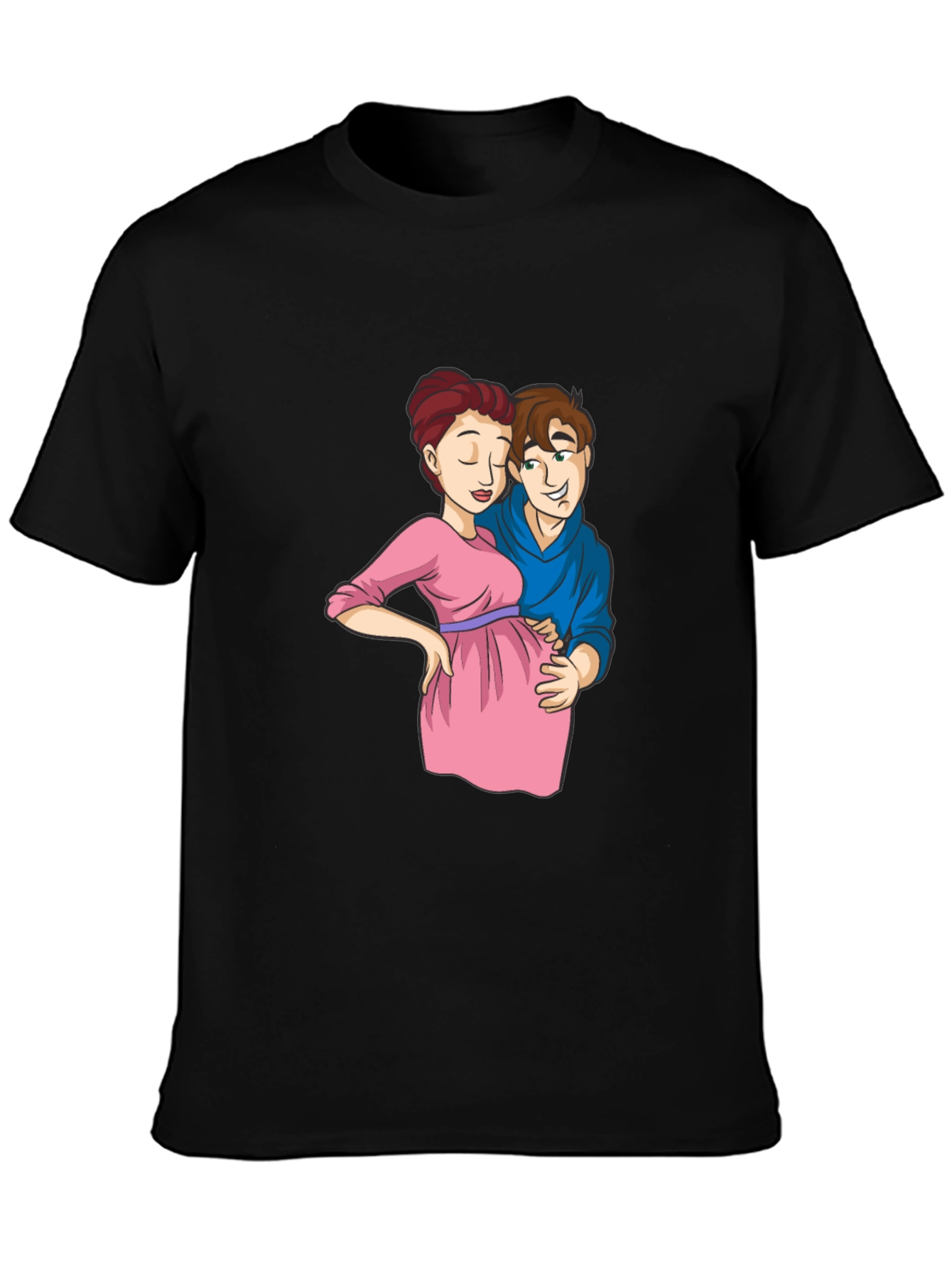 Cartoon Couple Pregnancy T-Shirt - Black