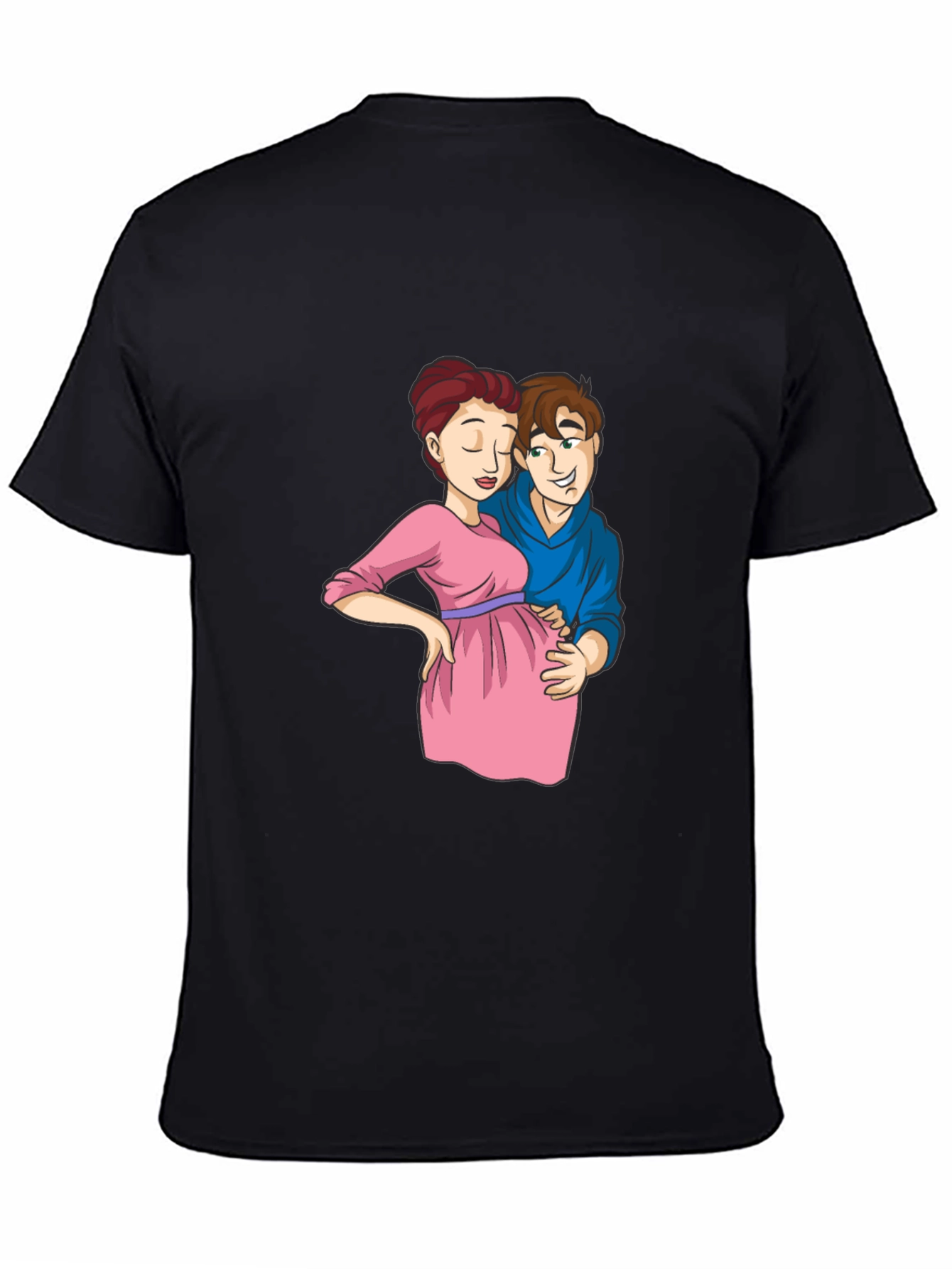 Cartoon Couple Pregnancy T-Shirt - Black