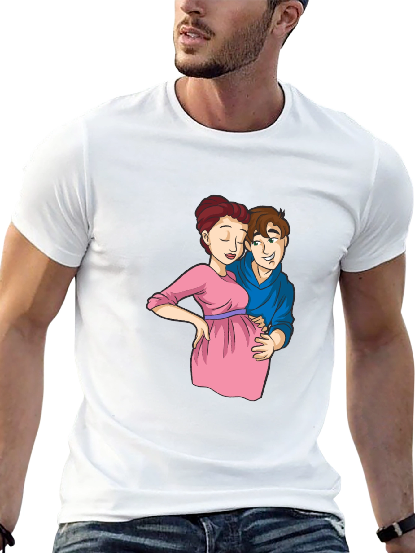 Cartoon Couple Pregnancy T-Shirt - Black