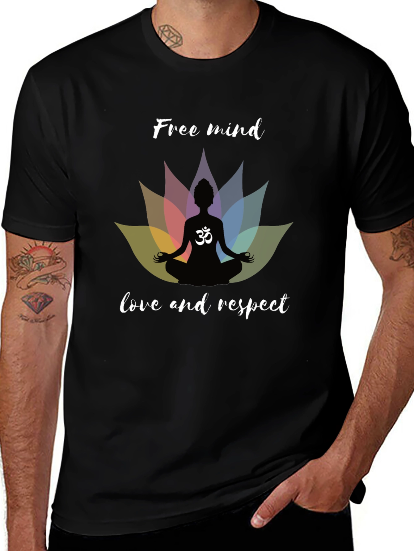 Free Mind Om Yoga Lotus Mens Black T-Shirt