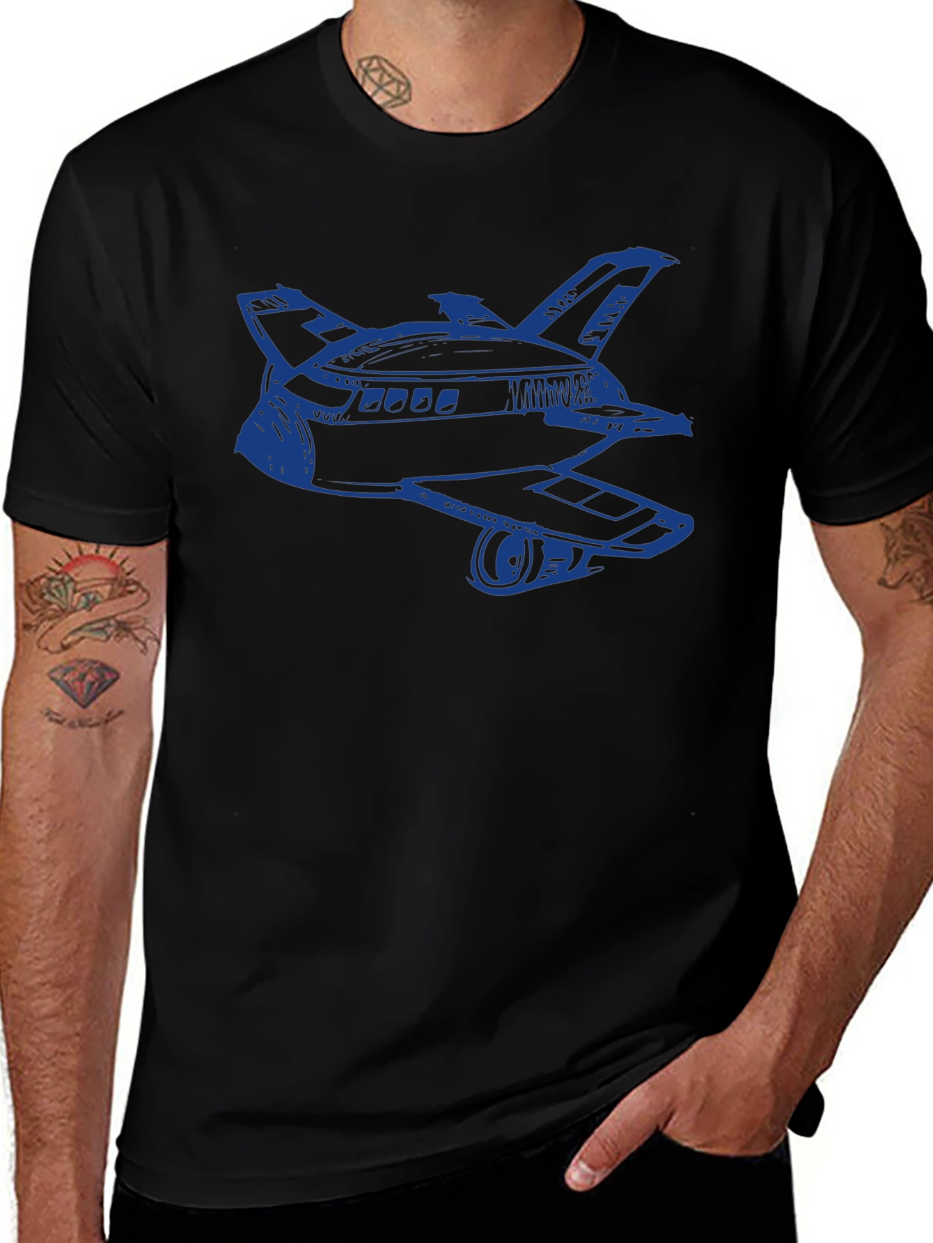 Retro Space Shuttle Graphic Tee - Black Cotton Blend