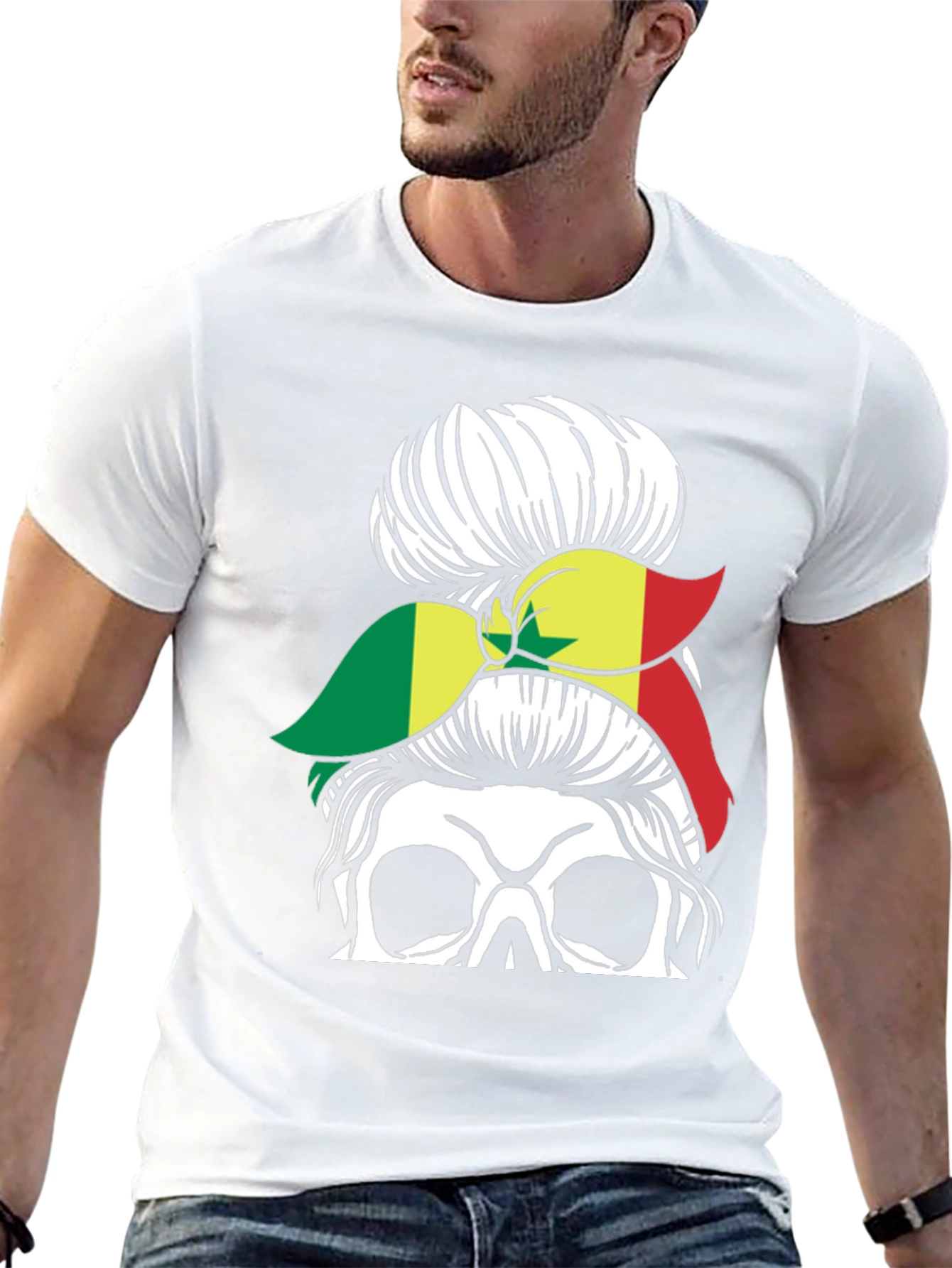 Skull Messy Bun Senegal Flag T-Shirt