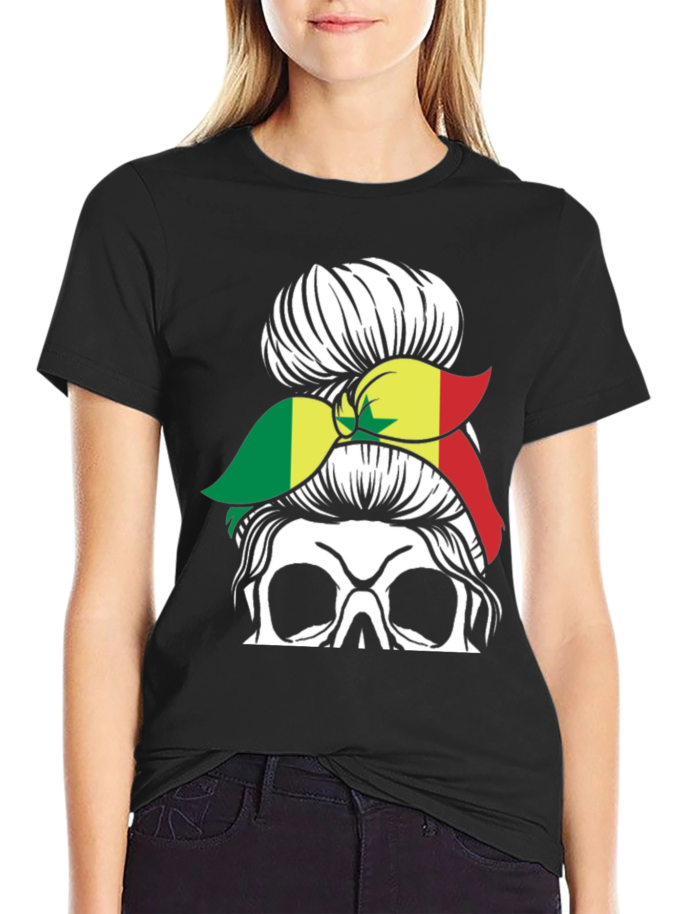 Skull Messy Bun Senegal Flag T-Shirt