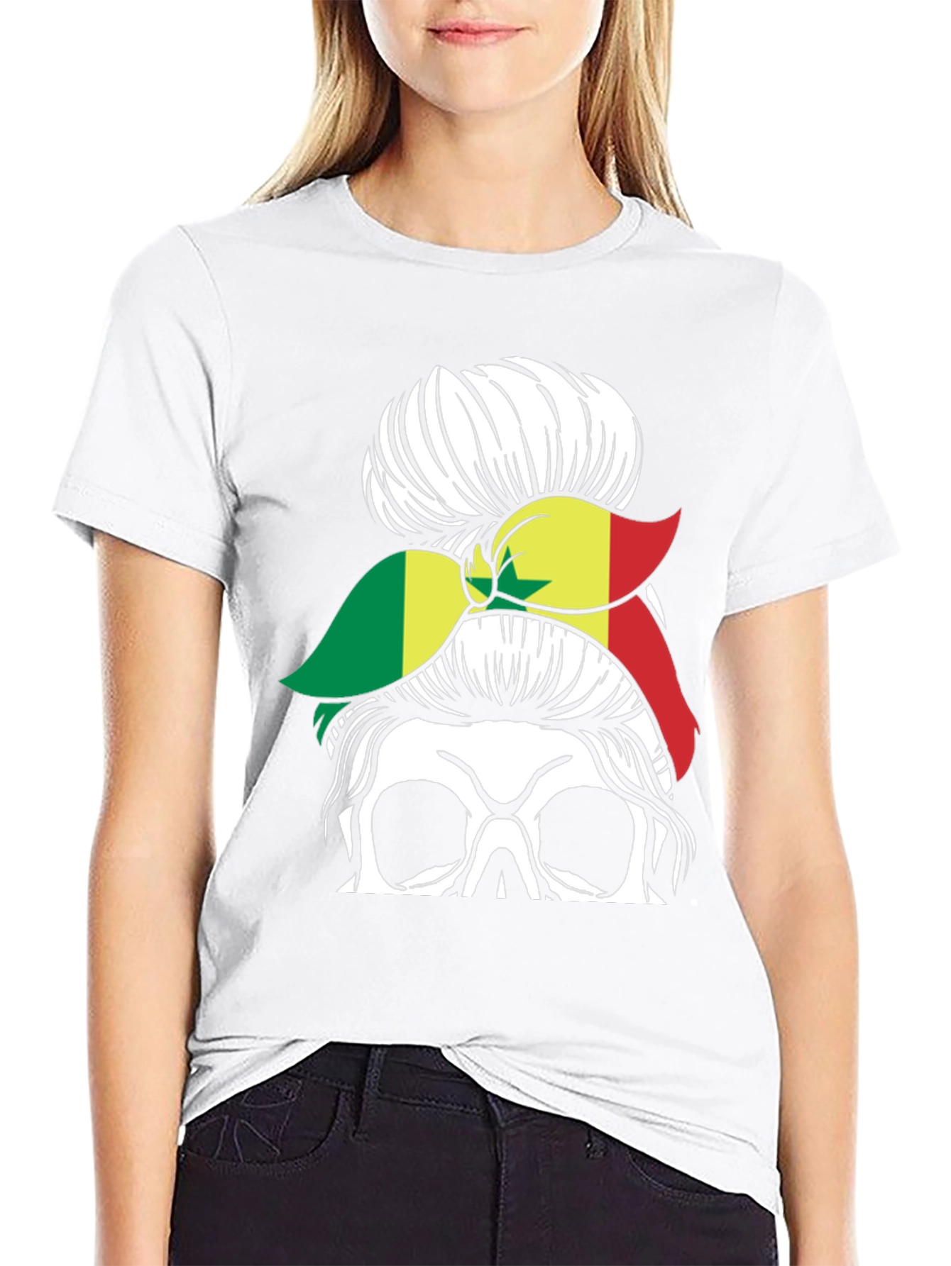 Skull Messy Bun Senegal Flag T-Shirt